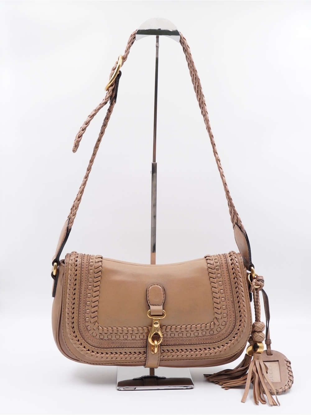 Gucci Braided Leather Shoulder Bag in Taupe